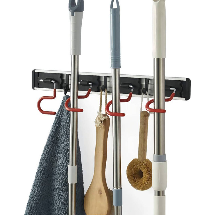 Wall Mounted Mop And Broom Holder Stainless Steel S Type Broom Rack Anti Slip Mop Organizer 17 Inches 4 Positions 3 Hooks Red Black